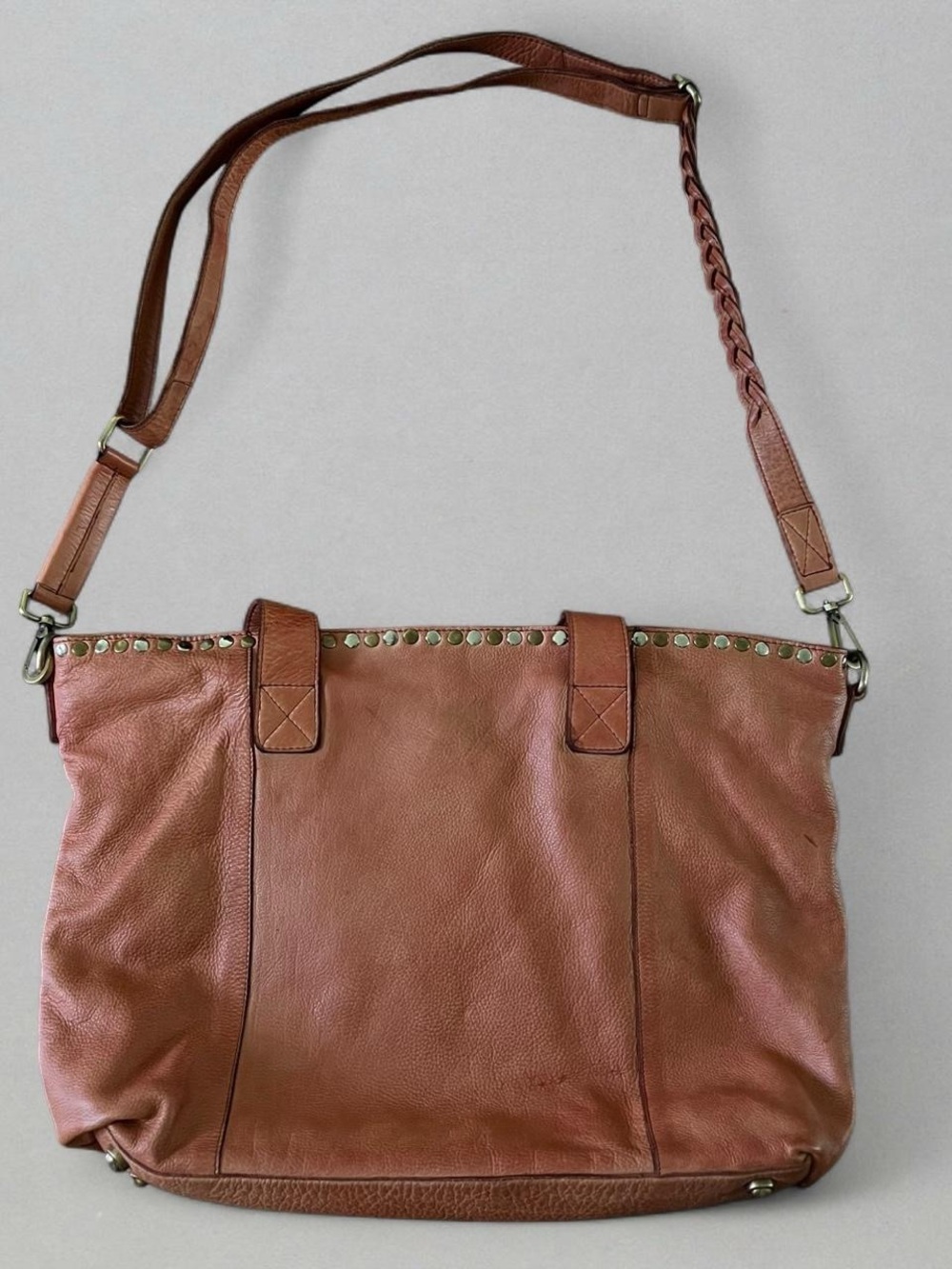 Braided-Handle Leather Tote Bag in Brown